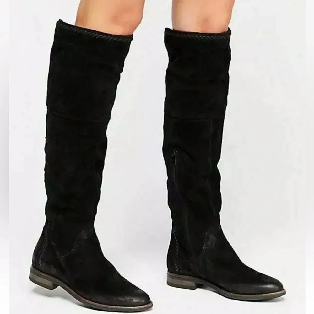 Miz Mooz Black Suede Over The Knee Side Zip Slip On Flat Boots Size 36